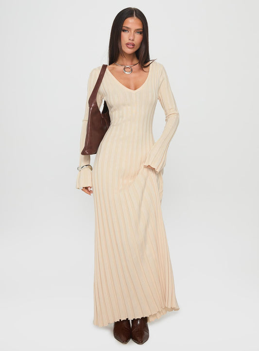 YOUMI Long Sleeve Rib Maxi Dress Cream