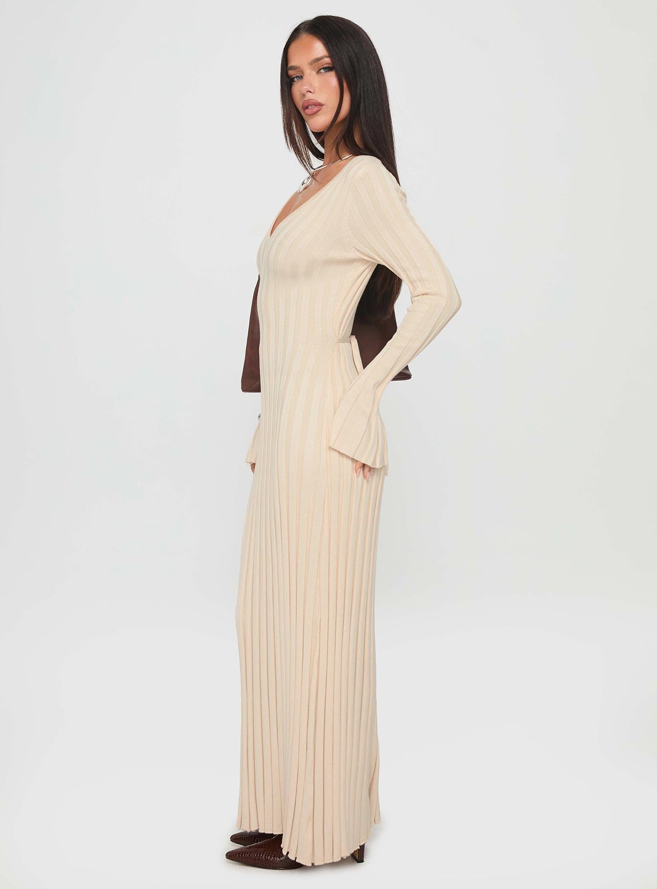 YOUMI Long Sleeve Rib Maxi Dress Cream