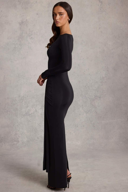 Draped Ruched Maxi Dress in Black