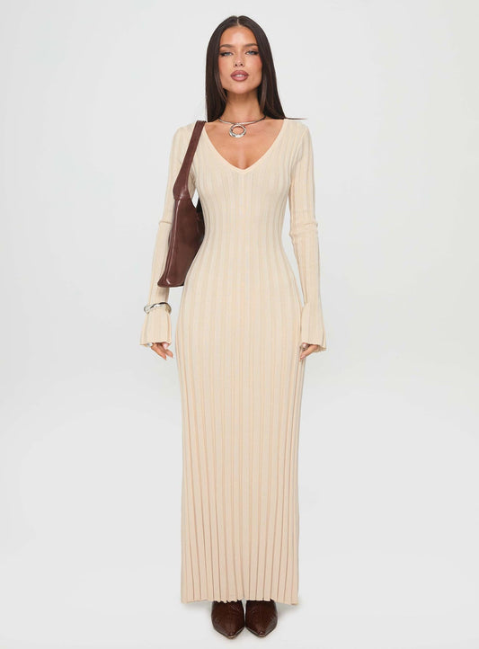 YOUMI Long Sleeve Rib Maxi Dress Cream