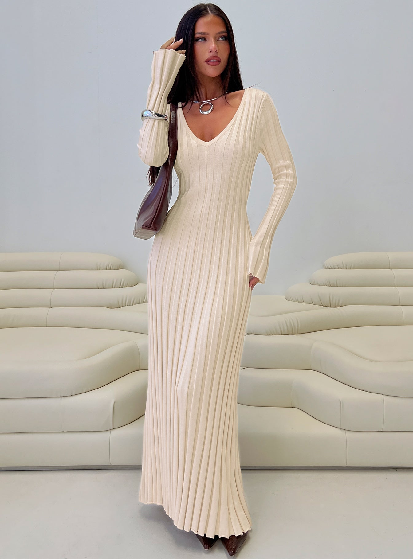 YOUMI Long Sleeve Rib Maxi Dress Cream