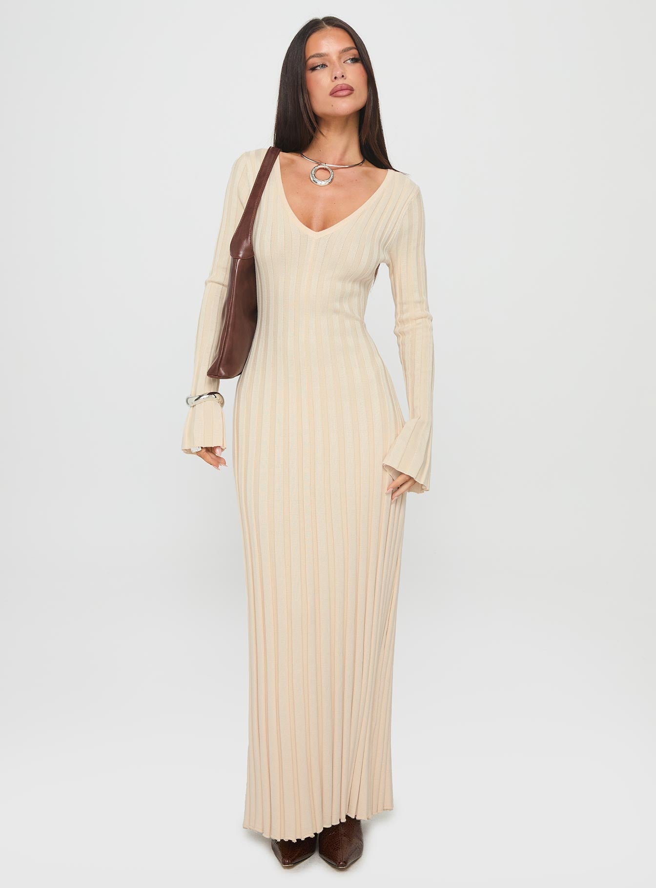 YOUMI Long Sleeve Rib Maxi Dress Cream