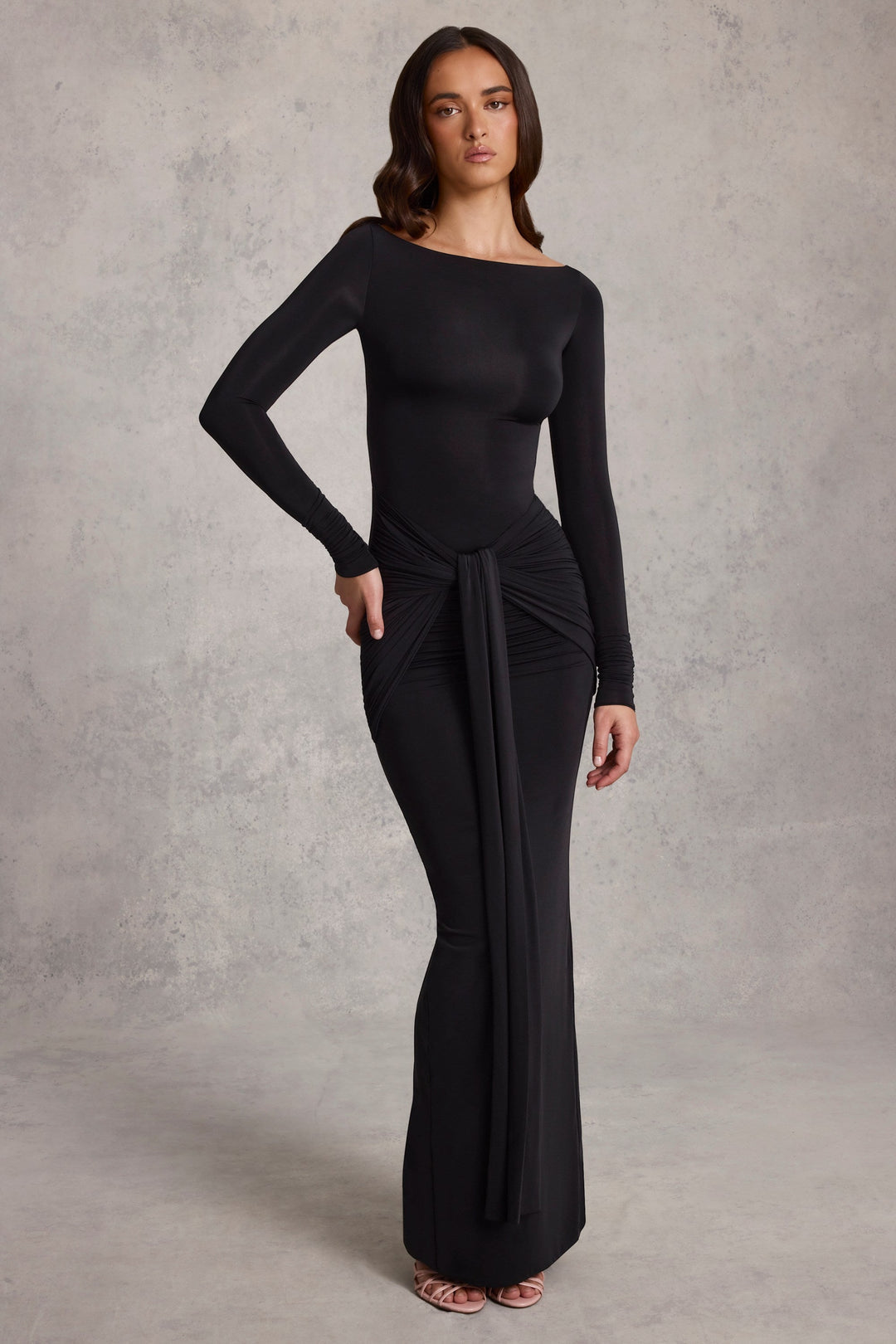 Draped Ruched Maxi Dress in Black