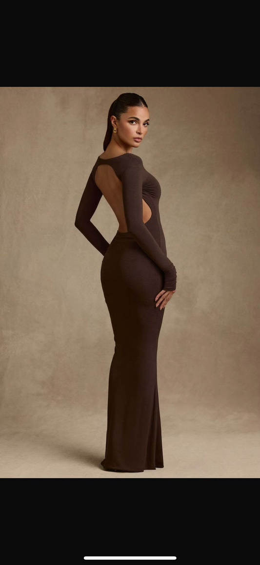 Modal Ruched Backless Maxi Dress in Brown.