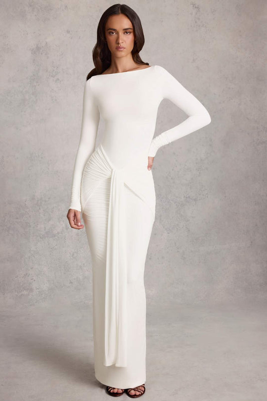 Draped Ruched Maxi Dress in White