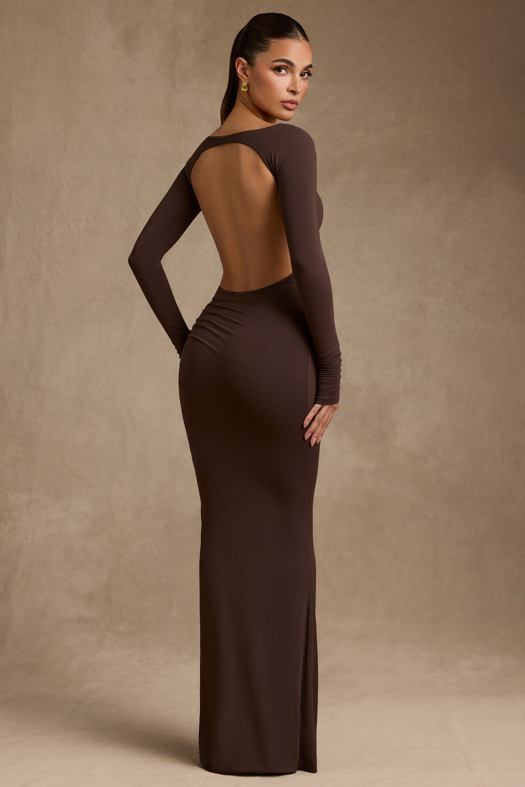 Modal Ruched Backless Maxi Dress in Brown.