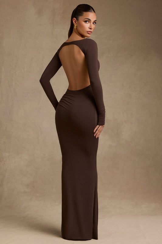 Modal Ruched Backless Maxi Dress in Brown.