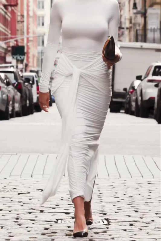 Draped Ruched Maxi Dress in White